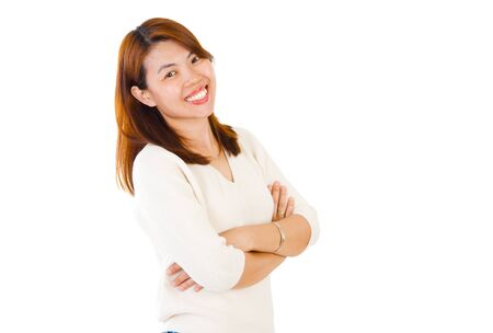 Arm-crossed asian middle aged womanの写真素材