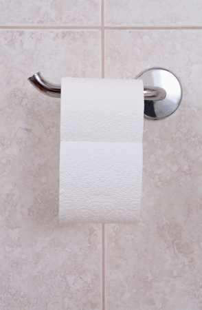 Toilet paper with holder in a bathroomの写真素材