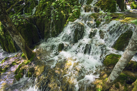 Waterfalls in Plitvice Lakes National Park at sunriseの写真素材