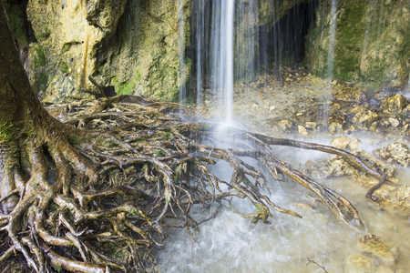 Waterfalls in Plitvice Lakes National Park at sunriseの写真素材