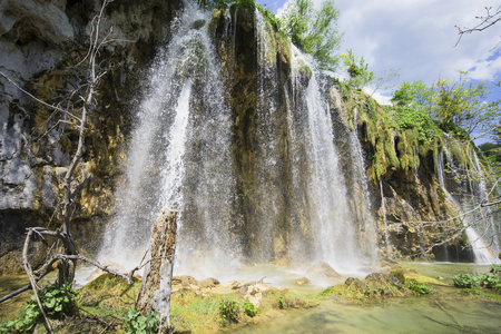 Waterfalls in Plitvice Lakes National Park at sunriseの写真素材