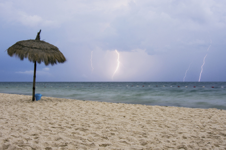 Storm and lightning on the Tunisian Mediterranean coastの写真素材