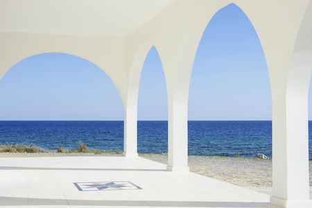 Ayia-Thekla Chapel detail at sunset on the beach in Cyprusの写真素材