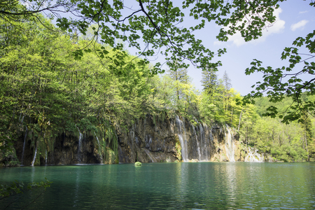 Landscape in Plitvice Lakes National Park at sunriseの写真素材
