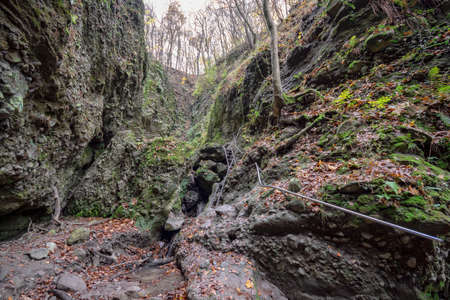 Ram gorge at late autumn with huge rocks and ladder, Domos, Hungaryの写真素材