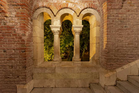 Illuminated old historical open Jesuit staircase passage at Fisherman's Bastion, Budapest, Hungaryの写真素材