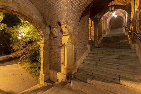 Illuminated old historical open Jesuit staircase passage at Fisherman's Bastion, Budapest, Hungaryの写真素材