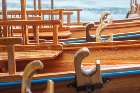 Small wooden gondola boats details at Bled lake, Sloveniaの写真素材