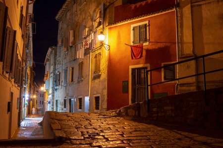 Cobbled street with old houses details by night in Rovinj old town, Croatiaの写真素材