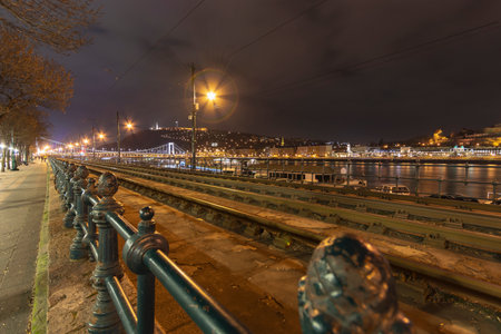 Budapest Danube riverside with lights and tram tracks at night, Hungaryの写真素材