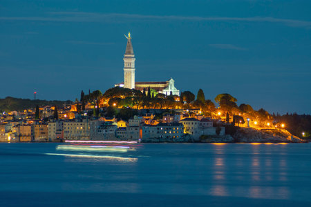 Sea and old town of Rovinj illuminated by night lights, Croatiaの写真素材