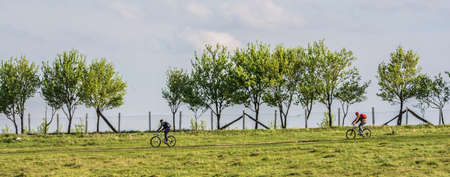 Two mountain bikers on a trail along meadows