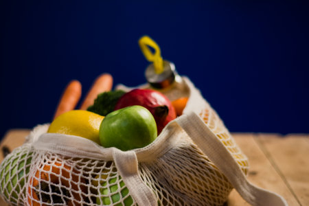 fresh fruits and vegetables in an eco bag. Zero waste, plastic free concept. Sustainable lifestyle....