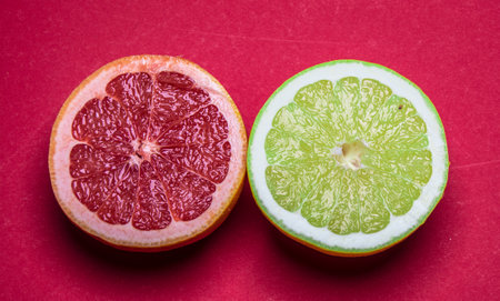 Different Citrus Fruit On Gray Concrete Tableの写真素材