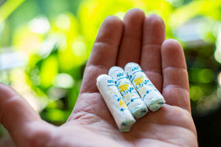 Cluj Napoca, Romania - jun 10, 2021: Packages of O.B. tampons, a global brand of feminine hygiene products or personal care products used by women during menstruationのeditorial素材