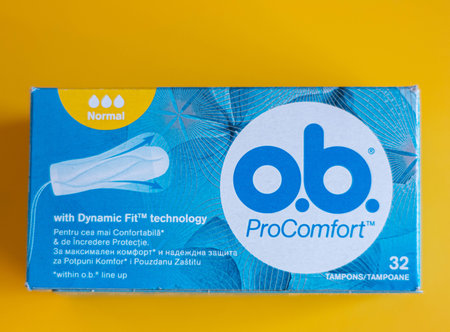 Cluj Napoca, Romania - jun 10, 2021: Packages of O.B. tampons, a global brand of feminine hygiene...