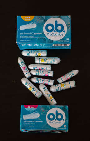 Cluj Napoca, Romania - jun 10, 2021: Packages of O.B. tampons, a global brand of feminine hygiene...