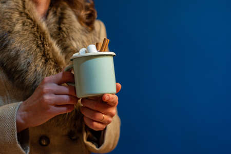 Christmas cup in female hands,の写真素材