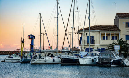 Port Sa Playa, Valencia, Spain - 12/08/2021: Bright sunny day panoramic photo looking at Port...