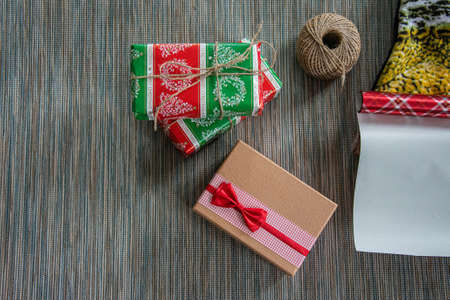 Various Christmas presents in home.  wrapping Christmas gifts