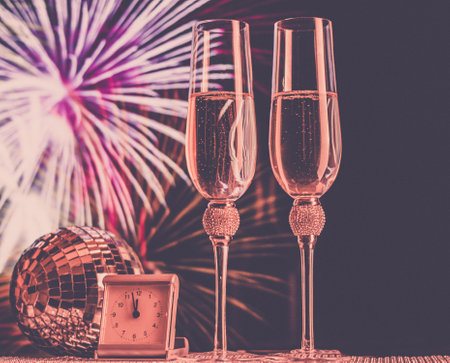 Champagne glasses on sparkling background. Two champagne glasses ready to bring in the New Year.の写真素材