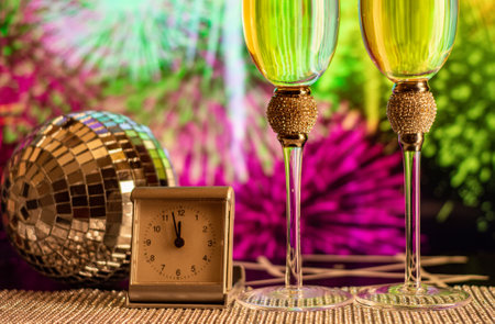 Champagne glasses on sparkling background. Two champagne glasses ready to bring in the New Year.の写真素材