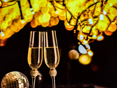 Champagne glasses on sparkling background. Two champagne glasses ready to bring in the New Year.の写真素材