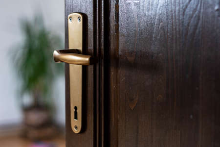 Half open door of a modern living room closeup. Open door to the room.