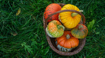 Many decorative pumpkins among green grass outdoors.の写真素材