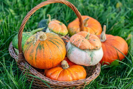 woman holding decoratives pumpkins outdoorの写真素材