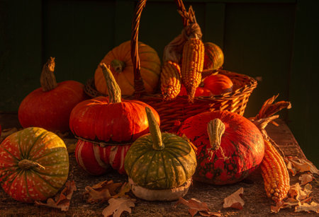 Autumn harvest colorful squashes and pumpkins in different varieties.の写真素材