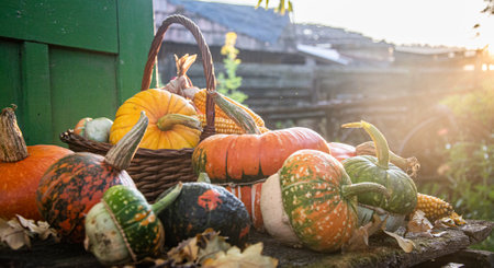 Autumn harvest colorful squashes and pumpkins in different varieties.の写真素材