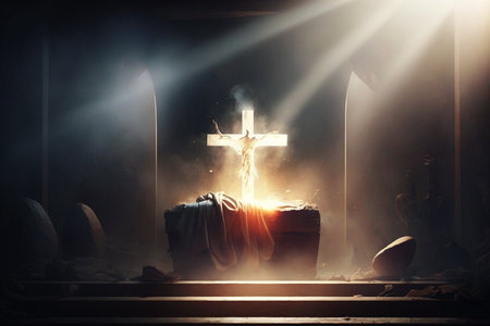 good friday he is risen in easter day. hope worship in God. Christian praying in holy spirit religious sunlight. created with generative AI technologyの素材
