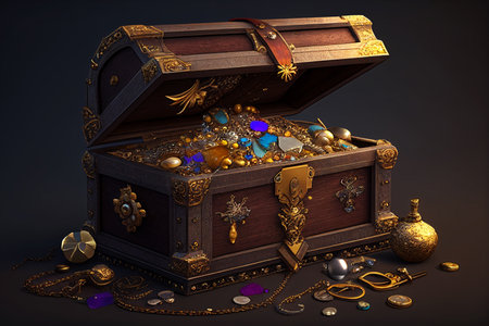 Chest with gold and treasures. Created with generative AI technologyの素材