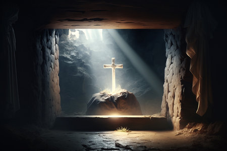 good friday he is risen in easter day. hope worship in God. Christian praying in holy spirit religious sunlight. created with generative AI technologyの素材