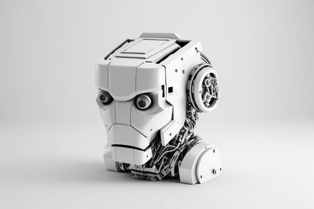 robot head on empty white background. created with generative AI technologyの素材