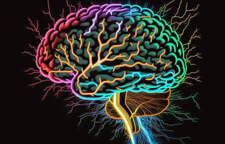 neon brain on a black background. ceated with generative AI technologyの素材