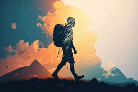 Hiker goes against sky and sun. Hiking concept. Created with generative AI technologyの素材