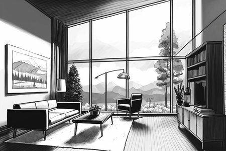 illustration of modern livingroom with big window. created with generative AI technologyの素材