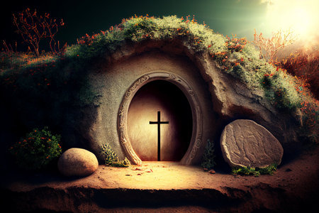 Jesus Christ tomb. Easter background. Created with  generative AI technologyの素材
