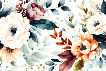 Seamless watercolor floral pattern with flower composition on white background  perfect for wrappers  wallpapers  postcards  greeting cards  wedding invitations  romantic events. created with generative AI technologyの素材