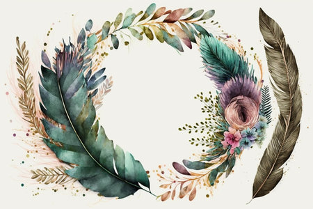 Watercolor floral boho illustration - wreath with colorful green leaves  feather %26 vivid flowers  for wedding stationary  greetings  wallpapers  fashion  backgrounds  textures  DIY  wrappers  cards.の素材