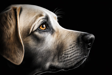 dog head close up on black background. created with generative AI technologyの素材