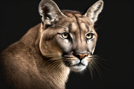 Beautiful puma portrait_from the front on a black background. created with generative AI technologyの素材