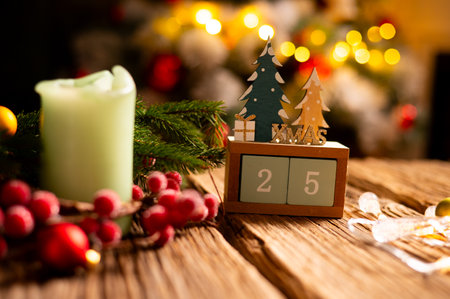 Wooden calendar set on the 25th of December. Christmas concept