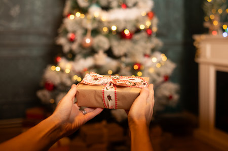 Woman giving gift at home on Christmas eve closeup