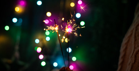 Close-up of hands holding bright sparklers with a warm festive glow. Perfect for Christmas, New Year celebrations, and holiday-themed designs. Symbolizing joy, hope, and celebration.の写真素材