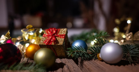 A glittering golden gift box with a red ribbon surrounded by colorful Christmas baubles, glowing lights, and pine branches on a rustic wooden surface. Perfect for holiday promotions, festive designs, and seasonal marketing visuals.の写真素材