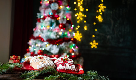 Christmas gingerbread houses on wooden table with bokeh background.. Pastries in the form of houses....