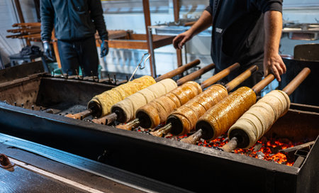 Traditional Hungarian chimney cakes (kÃ¼rtÅ‘skalÃ¡cs) baking on rotating spits over glowing...